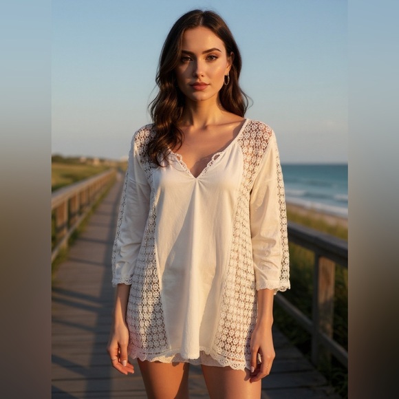 Ladies Elegant White Solitaire Swin  Lace Swim Cover-Up - Picture 2 of 12